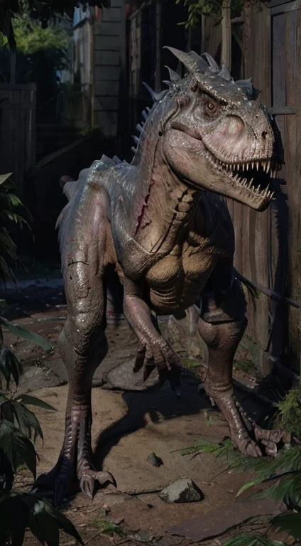 a pink Indominus Rex, pink dinosaur, pink dinosaur feathers, hyper realistic, highly detailed, 8k,