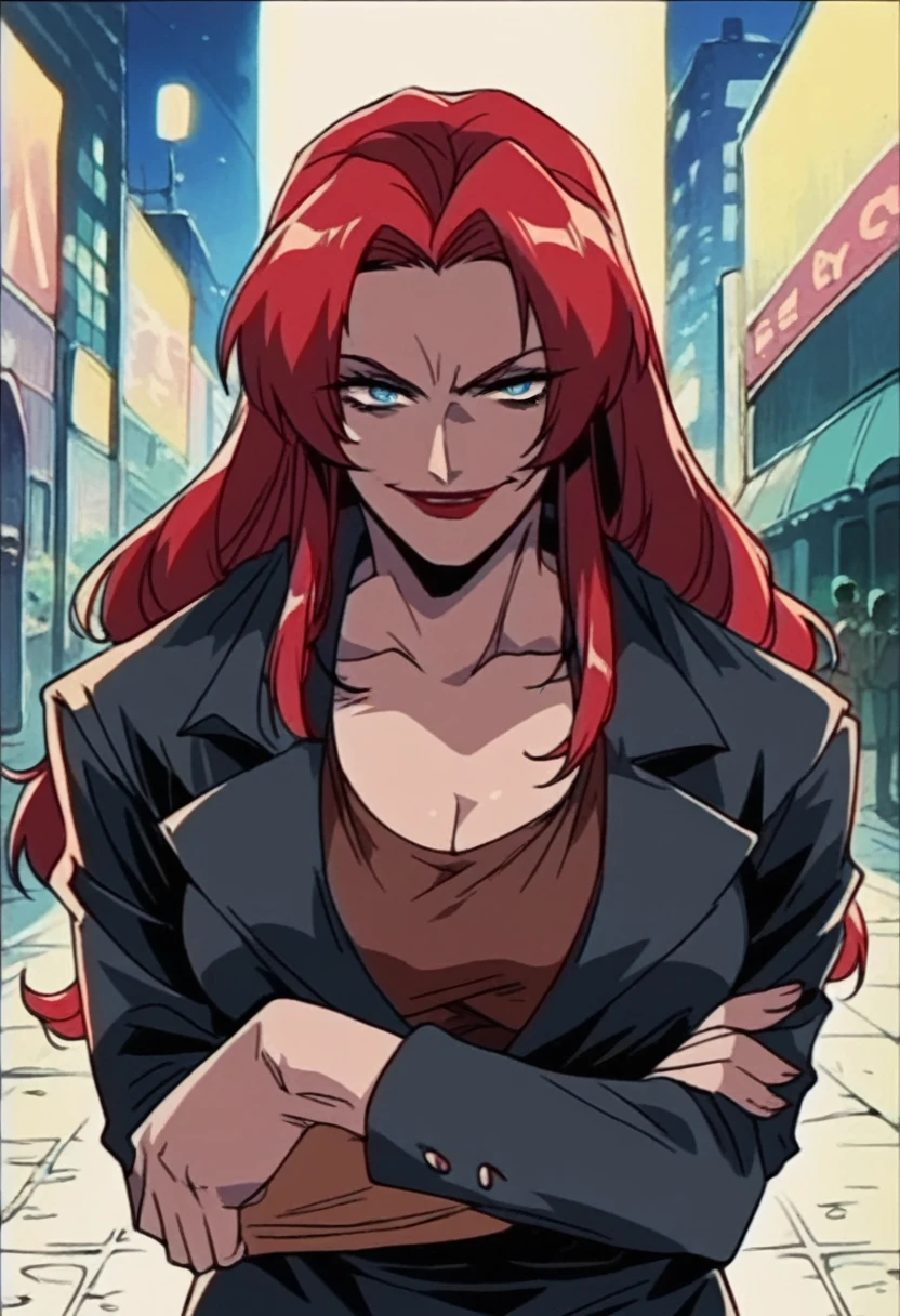 beautyful mature woman, black dress, black jacket, redhair, red hair, long hair, blue eyes, red lipstick, encorped body, in city, crossed arms, evil smile, night