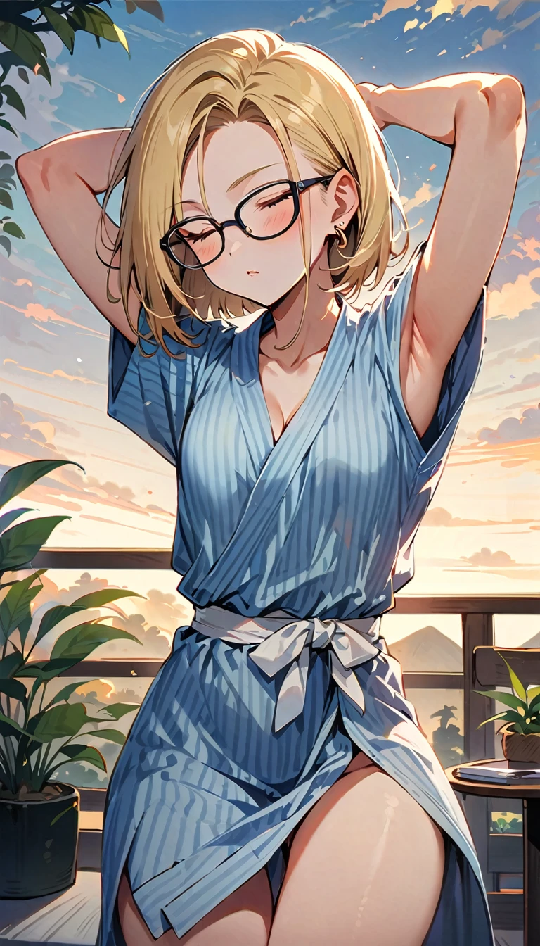 (masterpiece, best quality:1.2), solo, Android 18 from Dragon Ball, ((long yukata)), small breasts, short blonde hair loose, ((close eyes)), (wearing glasses), earrings on earlobes, slender feminine figure, skinny body, cleavage, light blush, chill, organized, simple, white-based interior, a few plants, cloudy sky, terrace, magnificent view, blur background, 4K, on the cute chair, (pale blue chair), midriff-baring, beautiful armpits, arms up behind, pantyshot, Japanese sandals, 