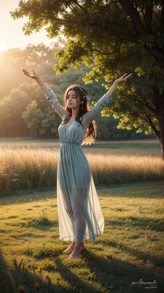 Create a visually stunning image that captures the essence of the phrase "Gratitude turns what we have into enough. Appreciate the little things and live with a grateful heart."scenario: A serene field at dawn, with a light fog and the sun rising over the horizon, projecting a soft golden light.elements: A person (or a figure) Standing on the field, Open arms, as if you are appreciating the beauty around you. Ao redor dela, small wildflowers and nature details, like butterflies, birds and trees.atmosphere: Convey a sense of peace, serenity and gratitude. The sunlight should create a halo effect around the figure, symbolizing enlightenment and appreciation.colors: Soft, warm tones, with a focus on natural colors like green, gold and soft blue to represent nature and the light of dawn.texto: Include the phrase "Gratitude turns what we have into enough. Appreciate the little things and live with a grateful heart." elegantly and subtly in the lower corner of the image, with a cursive or handwritten typography to add a personal, intimate touch.