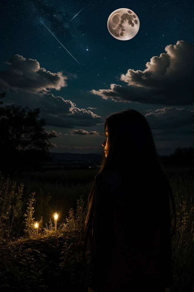 masterpiece, best quality, night, hill, clouds, full moon, long hair, woman, silhouette, fireflies.