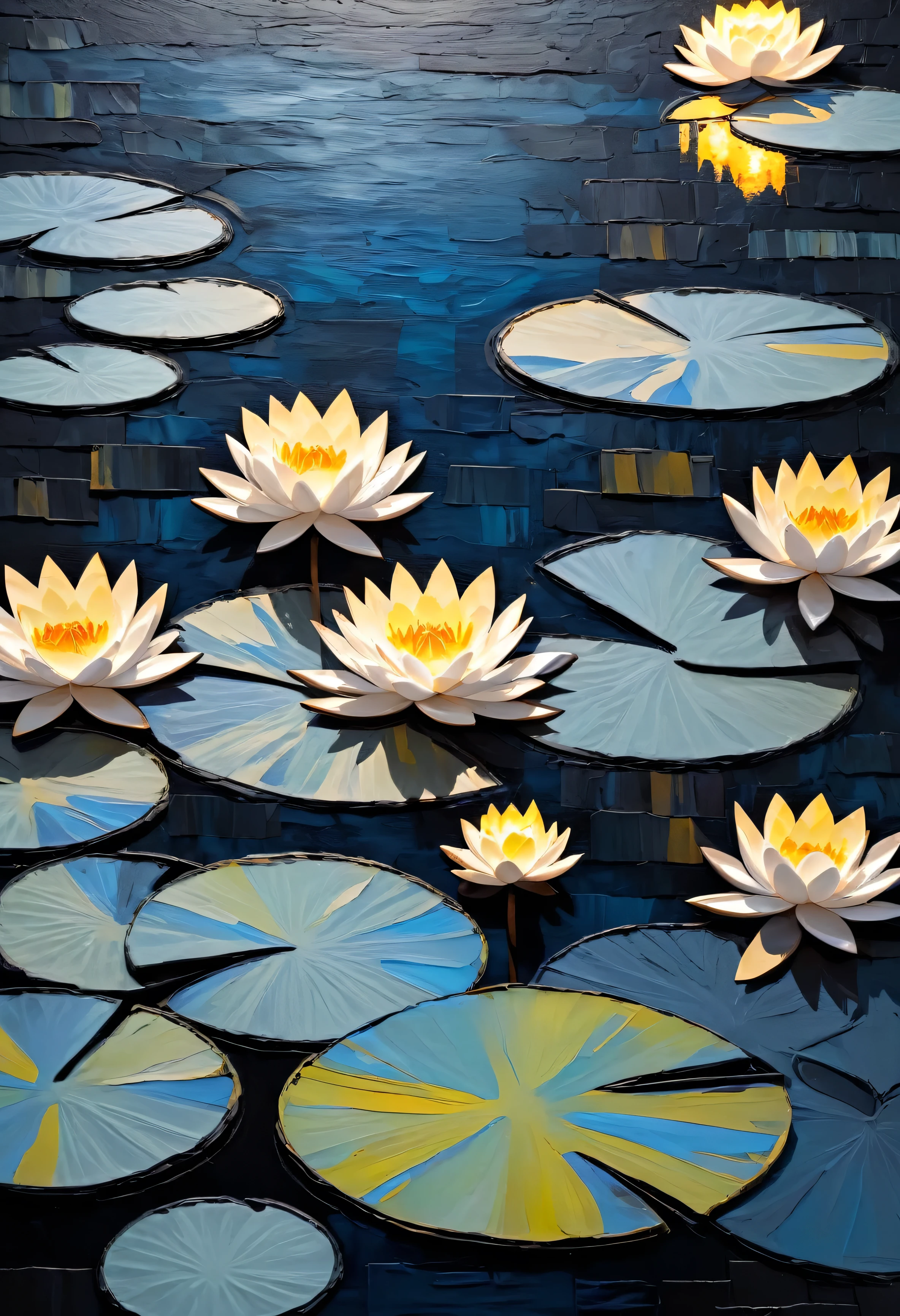 Abstract canvas with impasto technique, water lilies in layers of slate and cream, offset by the dark abyss and the flickering of golden light.