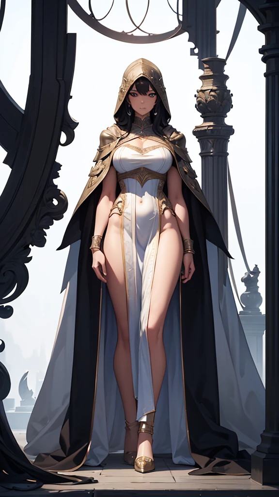 (masterpiece, 4K ,Super detailed:1.2), Strong women, Wearing a hood, tall, Full body side view, View Viewer, Pure white background
