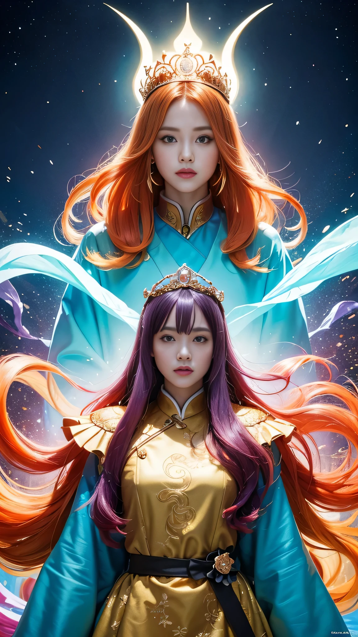 cyan colors,blue colors,The world of enamel,Blood Girl 32K(tmasterpiece,k hd,Aoyama Pond,hyper HD,32K)Long flowing bright orange hair,blood pond,zydink, a color,Grumpy (Post-halo), (Linen scarf), Combat posture, looking at the ground, long whitr hair, Floating bright orange, Fire cloud pattern gold tiara, Chinese long-sleeved gold silk burgundy garment, (Abstract metaverse splash:1.2), white backgrounid,Peony flower vitality protector(realisticlying:1.4),Bright purple hair,Smoke on the road,The background is pure, A high resolution, the detail, RAW photogr, Sharp Re, Nikon D850 Film Stock Photo by Jefferies Lee 4 Kodak Portra 400 Camera F1.6 shots, Rich colors, ultra-realistic vivid textures, Dramatic lighting, Unreal Engine Art Station Trend, cinestir 800,A girl with long flowing bright orange hair,Huge colorful bubbles