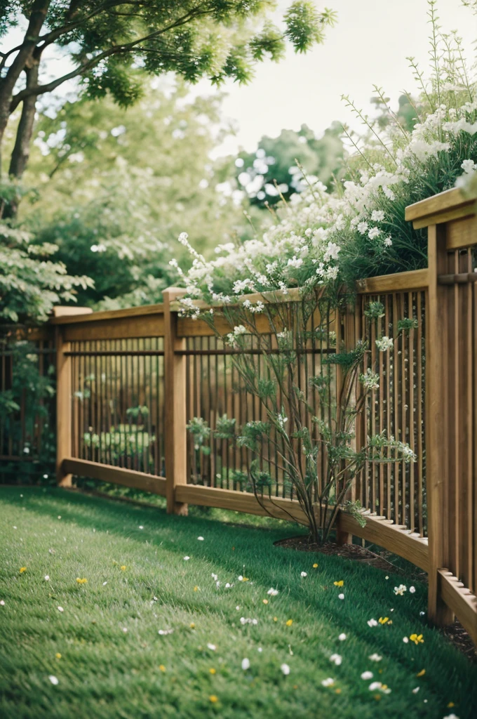 (grass floor) (trees) (flowers railing ) ( bokeh blur )