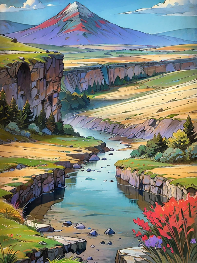 Colorful purple undertone majestic mountains in background with a grassy valley below with a brook running through it