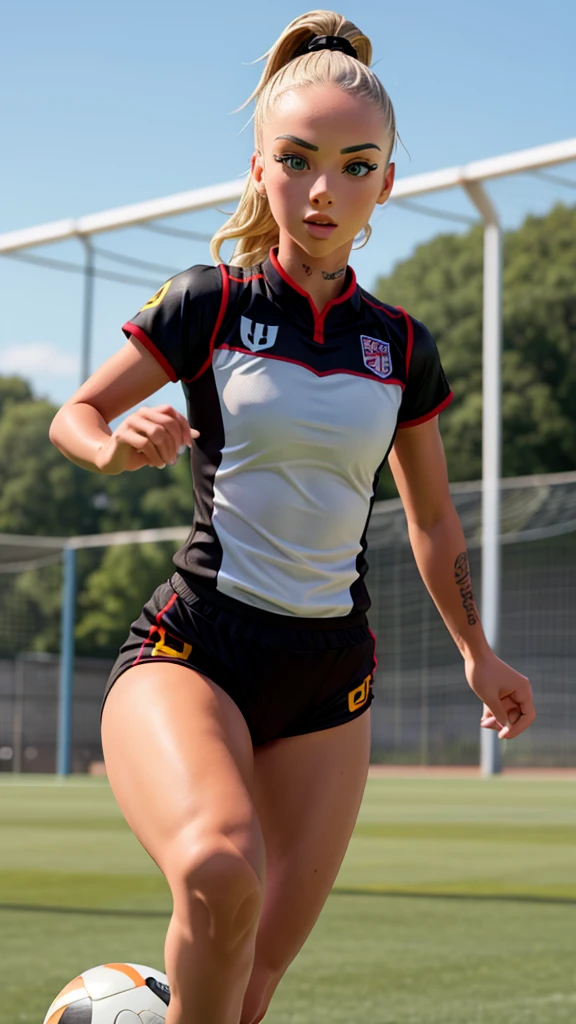 Alisha Lehmann sexy, she is playing football, wearing black uniform, she is volleying the ball