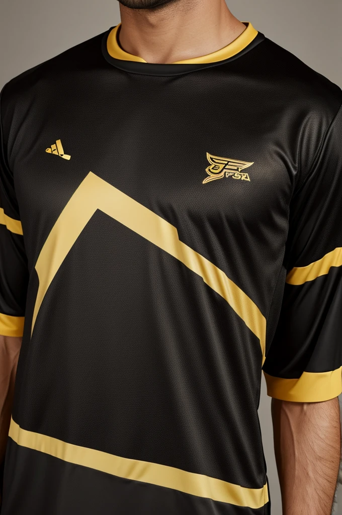 A jersey with black and gold colour.simple nice and smart