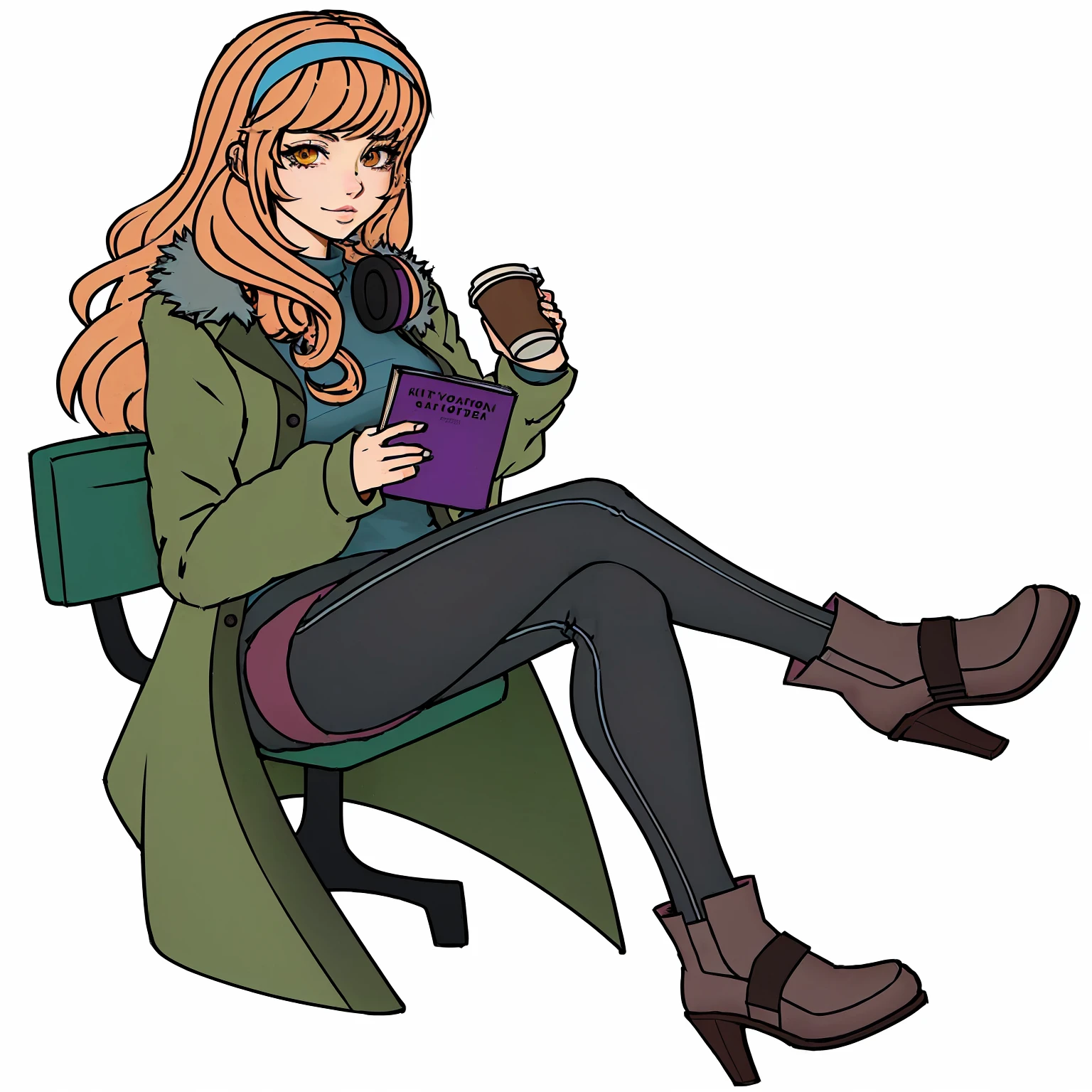 cartoon girl sitting on a chair with a cup of coffee and a book, mysterious coffee shop girl, urban girl fanart, molly from the novel neuromancer, tall female emo art student, drinking a coffee, anime girl drinks energy drink, marin kitagawa fanart, drinking coffee, female emo art student, digitally colored, inspired by Sakai Hōitsu