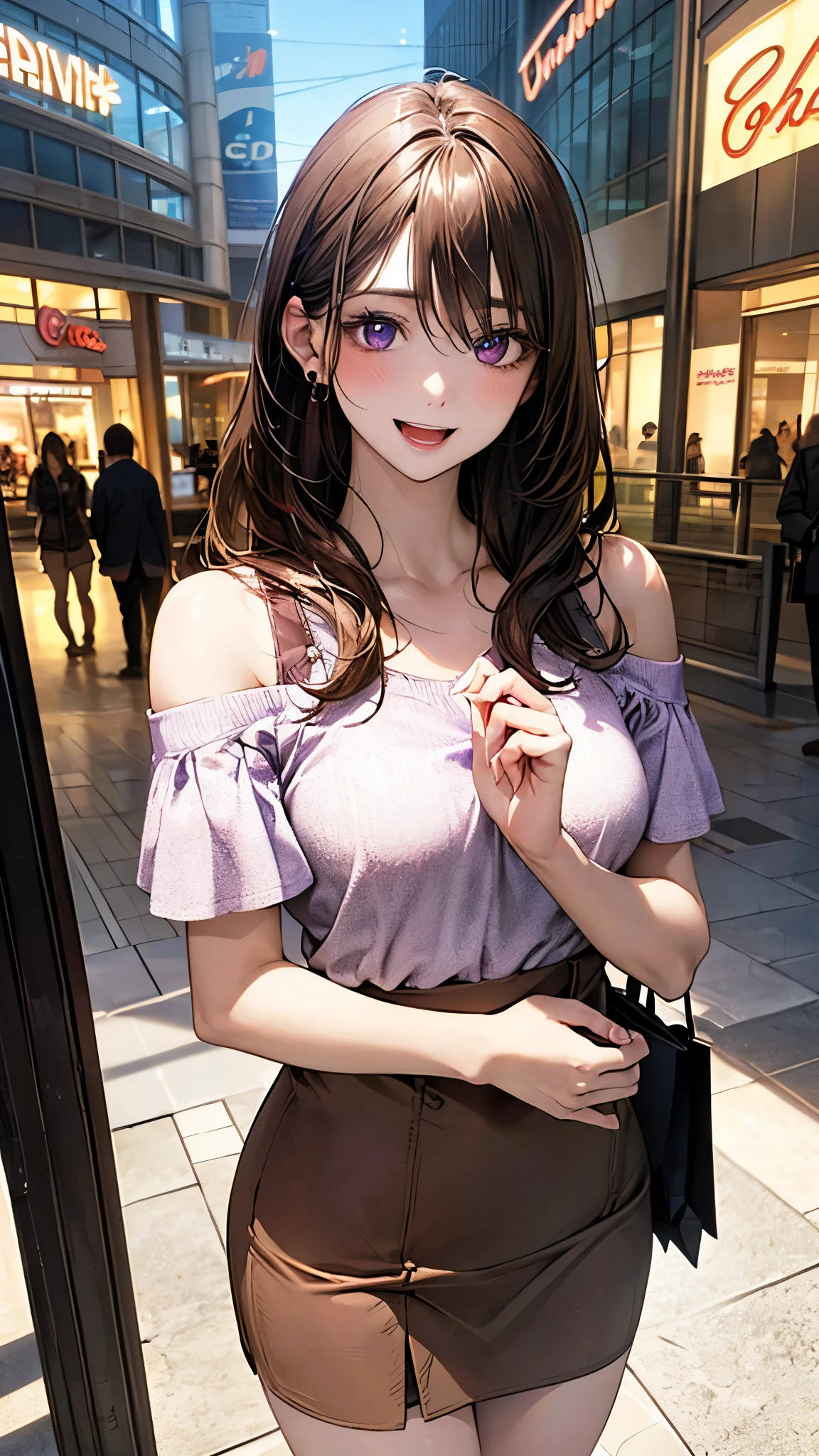 (masterpiece:1.2, top-quality), (realistic, photorealistic:1.4), beautiful illustration, (natural side lighting, movie lighting), ,
(looking at viewer), 1 girl, japanese, high school girl, perfect face, cute and symmetrical face, shiny skin,
(long hair:1.5, straight hair:1.7, light brown hair), hair between eyes, datk purple eyes, long eye lasher, (large breasts:0.6), five fingers,
beautiful hair, beautiful face, beautiful detailed eyes, beautiful clavicle, beautiful body, beautiful chest, beautiful thighs, beautiful legs,
((cold shoulder shirt, brown pencil mini skirt)),,
(beautiful scenery), day time, (shopping mall:1.2), (lovely smile, upper eyes, open mouth),