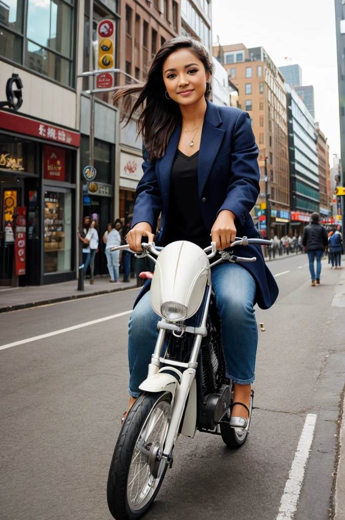 Cute girl ride ox in City