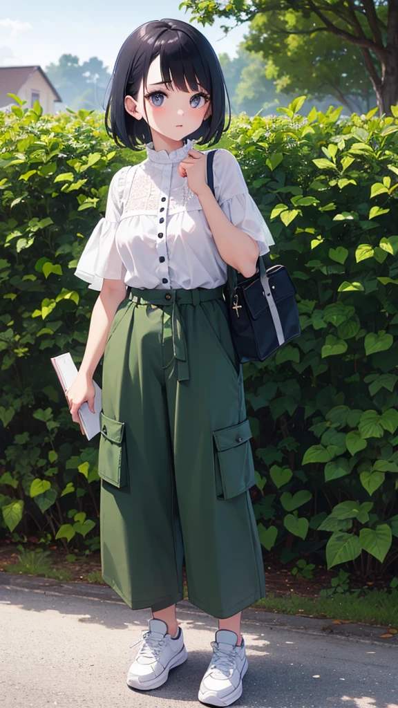 small girl with a round face, very large, detailed eyes, long eyelashes, hands on her waist, dressed in a very loose short-sleeved blouse with a bare abdomen, very watery cargo-style pants, wearing Jordan Dior style tennis shoes, 4K