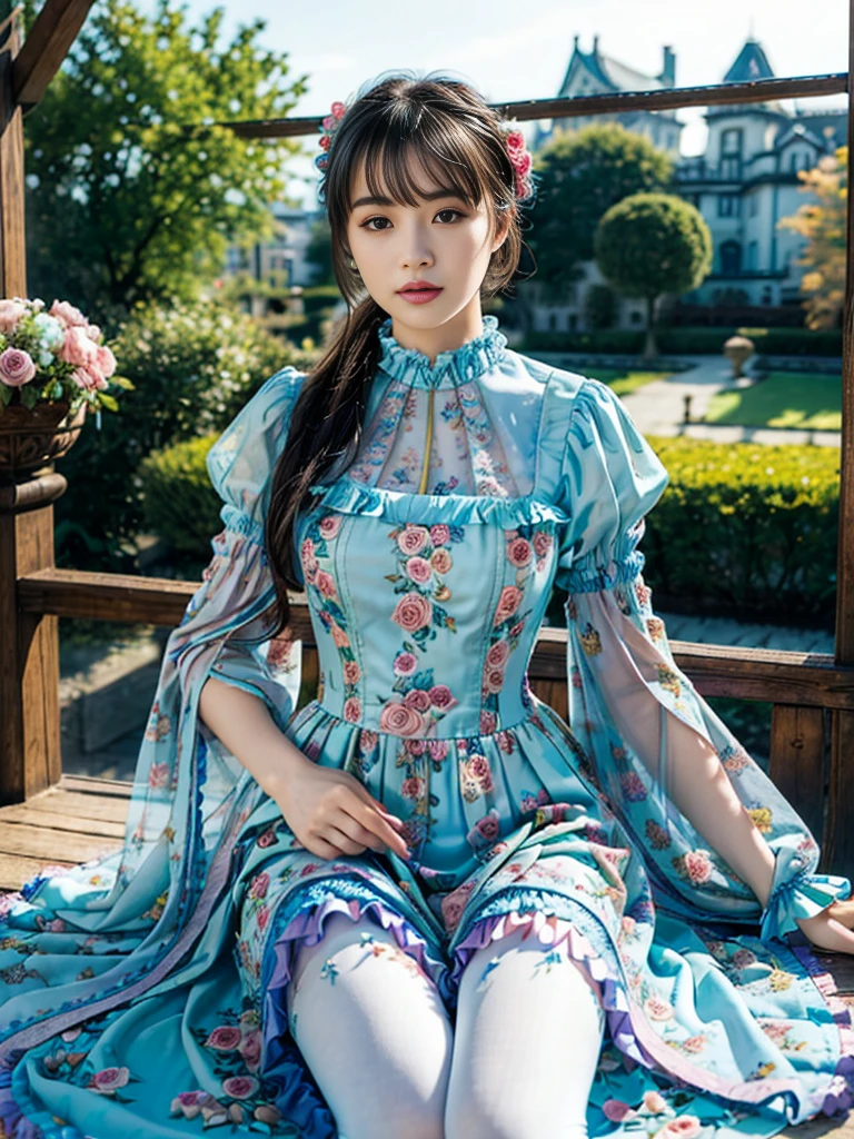 (​masterpiece、top-quality、top-quality、Official art、Beautifully Aesthetic:1.2)、(One girl:1.3)、A highly detailed、(Fractal Art:1.1)、(colourfull:1.1), (florals:1.3)、The most detailed、(Zentangle:1.2)、full body Esbian、(Blue sky and rose garden:1.3)、(shinny skin)、(Many colors:1.4), (pluma:1.5)、​masterpiece、top-quality、top-quality、Official art、Beautifully Aesthetic:1.2)、(1girl in)、ighly detailed、(Fractal Art:1.3)、colourfull、highestdetailed、long、A dark-haired、big eye、Women in Japan、(Ruffle frills, extremely detailed Chiffon Lace Ribbon Suspenders, (turquoise blue and yellow Stripe Design Pastel Coloring extremely detailed dress),extremely detailed Big Ribbon Headband, extremely detailed Open Colorborn, extremely detailed puff sleeves, extremely detailed Tied thin ribbon corset, extremely detailed Balloon skirt, extremely detailed White Net Tights, Colorful star-shaped bead accessories)、Cute table、Drinking tea、Tea、teapot、macaroons, You can see the castle behind