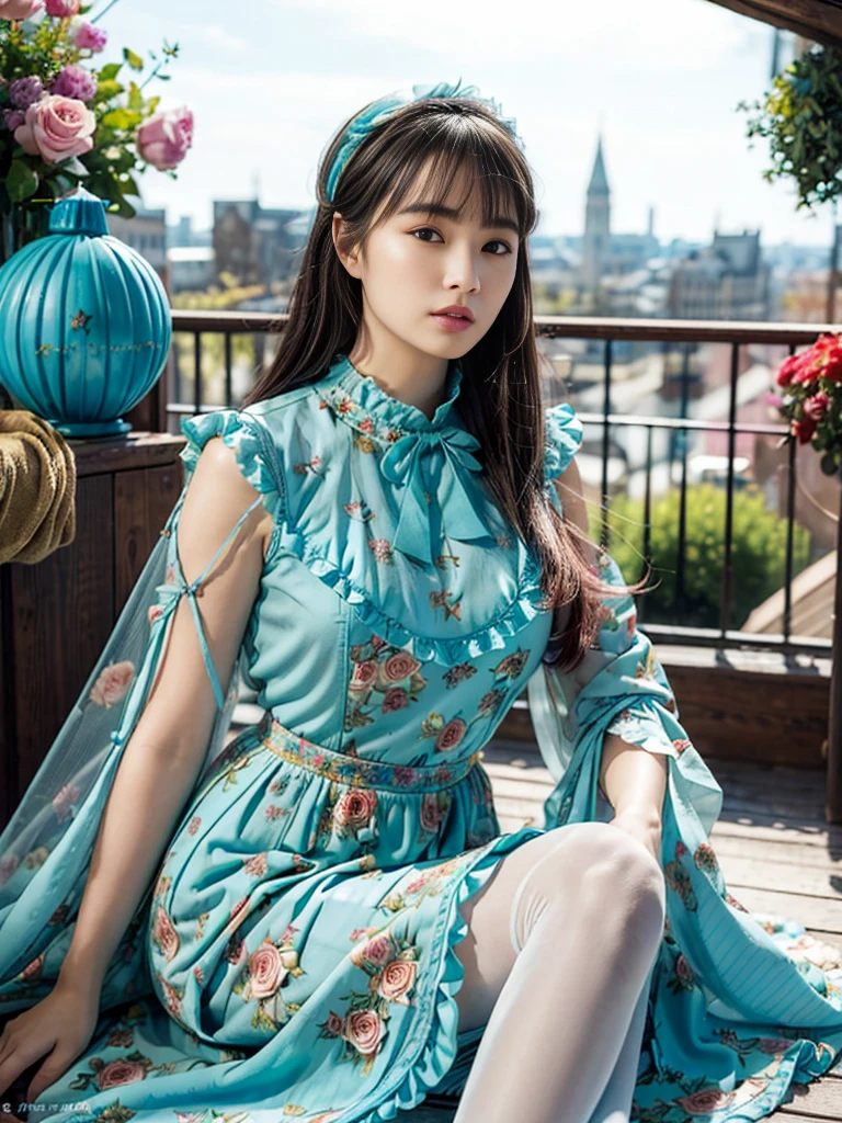 (​masterpiece、top-quality、top-quality、Official art、Beautifully Aesthetic:1.2)、(One girl:1.3)、A highly detailed、(Fractal Art:1.1)、(colourfull:1.1), (florals:1.3)、The most detailed、(Zentangle:1.2)、full body Esbian、(Blue sky and rose garden:1.3)、(shinny skin)、(Many colors:1.4), (pluma:1.5)、​masterpiece、top-quality、top-quality、Official art、Beautifully Aesthetic:1.2)、(1girl in)、ighly detailed、(Fractal Art:1.3)、colourfull、highestdetailed、long、A dark-haired、big eye、Women in Japan、(Ruffle frills, extremely detailed Chiffon Lace Ribbon Suspenders, (turquoise blue and yellow Stripe Design Pastel Coloring extremely detailed dress),extremely detailed Big Ribbon Headband, extremely detailed Open Colorborn, extremely detailed puff sleeves, extremely detailed Tied thin ribbon corset, extremely detailed Balloon skirt, extremely detailed White Net Tights, Colorful star-shaped bead accessories)、Cute table、Drinking tea、Tea、teapot、macaroons, You can see the castle behind