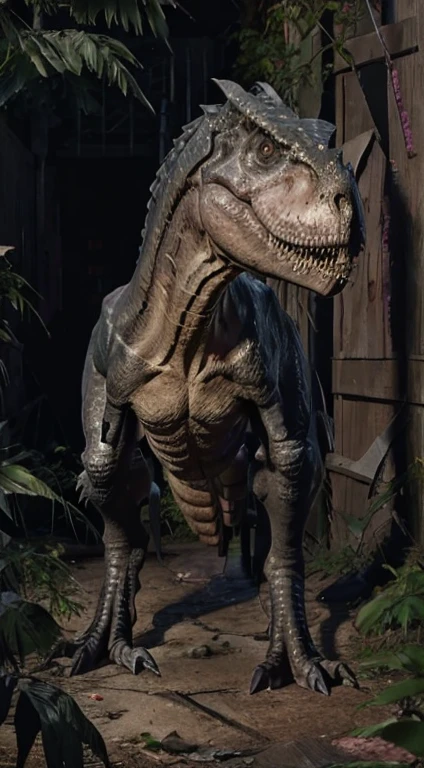 a pink Indominus Rex, pink dinosaur, pink dinosaur feathers, hyper realistic, highly detailed, 8k, Pink dino colors.