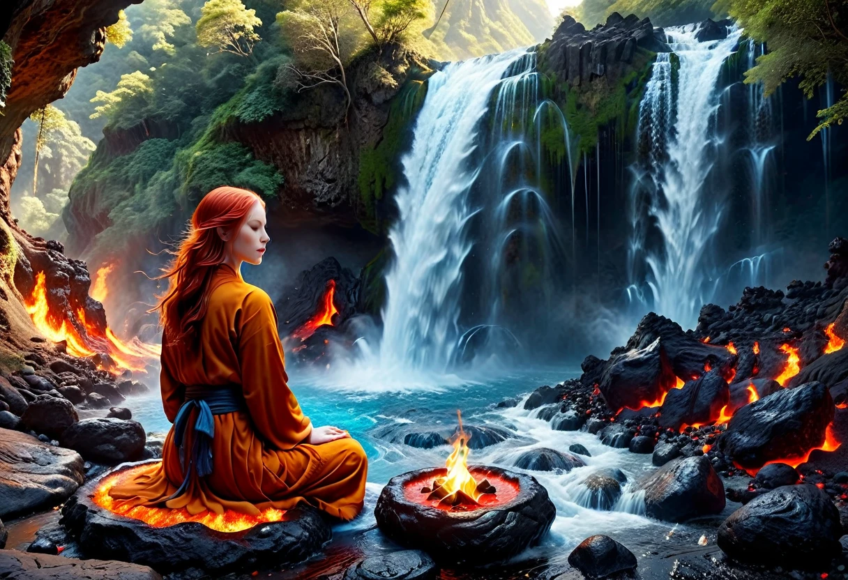 a picture of a (female monk: 1.2) sitting and meditating near a waterfall, at the base of the waterfall,  there is a human woman monk wearing monk garbs, meditating near a bonfire near an (epic sized waterfall: 1.3), red hair, long hair, full body (best details, Masterpiece, best quality :1.5), ultra detailed face (best details, Masterpiece, best quality :1.5), ultra feminine (best details, Masterpiece, best quality :1.5), exquisite beautiful (best details, Masterpiece, best quality :1.5) red hair, long hair, wavy hair, pale skin, blue eyes, intense eyes, water coming down from a volcanic cliff, multi level water falls, several pools created in different levels, forming new waterfalls, water cascading into a (large lava pool: 1.3) steam rising, clear water in many hues of blue and azure, fantasy art, photorealistic, D&D art, ultra best realistic, best details, best quality, 16k, [ultra detailed], masterpiece, best quality, (extremely detailed), ultra wide shot, photorealism, depth of field, hyper realistic painting, faize, perfecteyes, Cinematic Hollywood Film