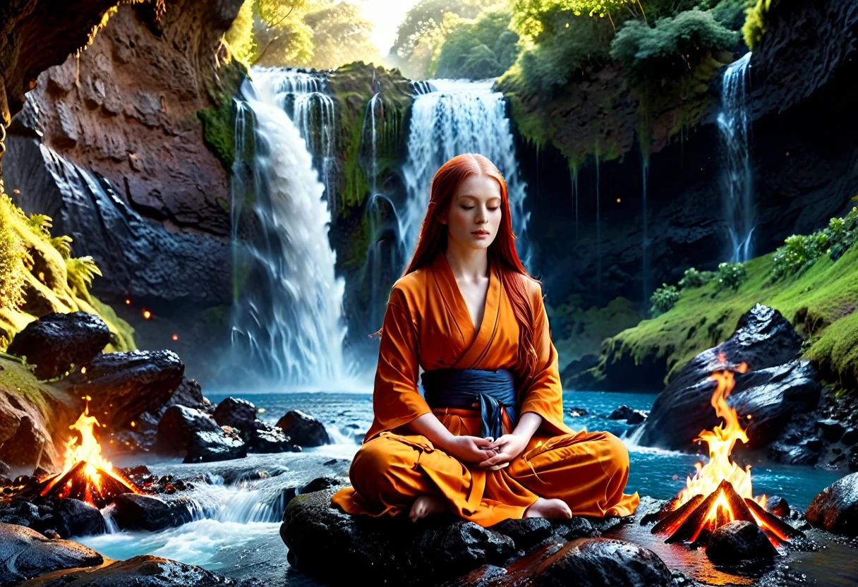 a picture of a (female monk: 1.2) sitting and meditating near a waterfall, at the base of the waterfall,  there is a human woman monk wearing monk garbs, meditating near a bonfire near an (epic sized waterfall: 1.3), red hair, long hair, full body (best details, Masterpiece, best quality :1.5), ultra detailed face (best details, Masterpiece, best quality :1.5), ultra feminine (best details, Masterpiece, best quality :1.5), exquisite beautiful (best details, Masterpiece, best quality :1.5) red hair, long hair, wavy hair, pale skin, blue eyes, intense eyes, water coming down from a volcanic cliff, multi level water falls, several pools created in different levels, forming new waterfalls, water cascading into a (large lava pool: 1.3) steam rising, clear water in many hues of blue and azure, fantasy art, photorealistic, D&D art, ultra best realistic, best details, best quality, 16k, [ultra detailed], masterpiece, best quality, (extremely detailed), ultra wide shot, photorealism, depth of field, hyper realistic painting, faize, perfecteyes, Cinematic Hollywood Film