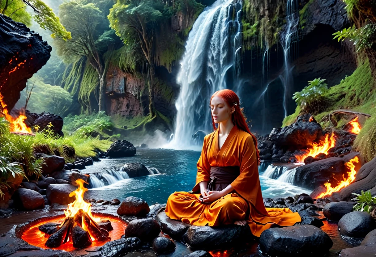 a picture of a (female monk: 1.2) sitting and meditating near a waterfall, at the base of the waterfall,  there is a human woman monk wearing monk garbs, meditating near a bonfire near an (epic sized waterfall: 1.3), red hair, long hair, full body (best details, Masterpiece, best quality :1.5), ultra detailed face (best details, Masterpiece, best quality :1.5), ultra feminine (best details, Masterpiece, best quality :1.5), exquisite beautiful (best details, Masterpiece, best quality :1.5) red hair, long hair, wavy hair, pale skin, blue eyes, intense eyes, water coming down from a volcanic cliff, multi level water falls, several pools created in different levels, forming new waterfalls, water cascading into a (large lava pool: 1.3) steam rising, clear water in many hues of blue and azure, fantasy art, photorealistic, D&D art, ultra best realistic, best details, best quality, 16k, [ultra detailed], masterpiece, best quality, (extremely detailed), ultra wide shot, photorealism, depth of field, hyper realistic painting, faize, perfecteyes, Cinematic Hollywood Film