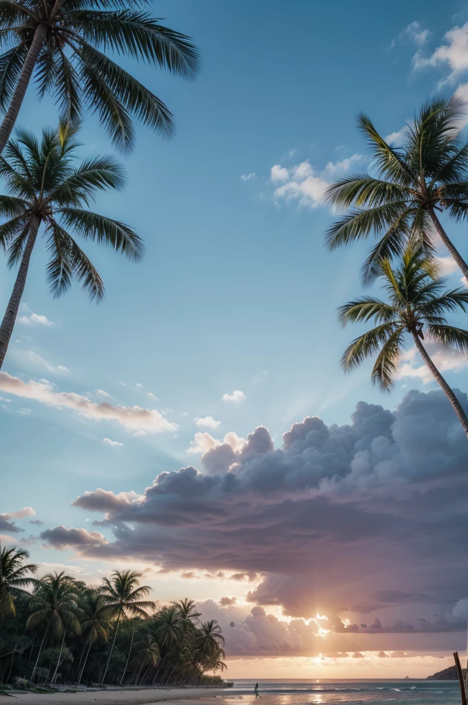 Time: Late afternoon, with the sun starting to set.
Location: Beach with tall, leafy coconut trees swaying in the gentle breeze.
Sky: Gradient from light blue to purple, with some thin white clouds.
Style: Photographic realistic, with a focus on details and natural afternoon lighting.