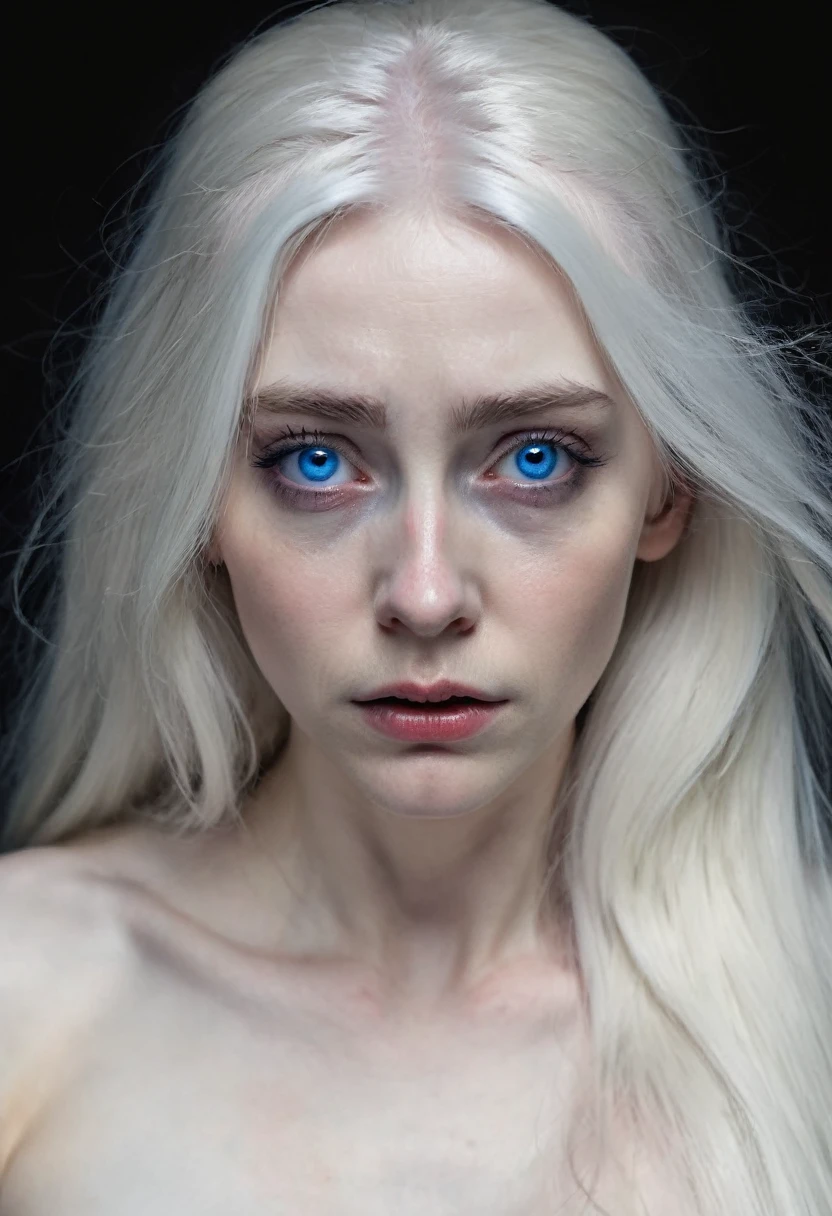 A woman with long white hair and blue eyes ,pale skin,expression of sadness ,naked,Unclothed,long breasts,in a dark horror environment