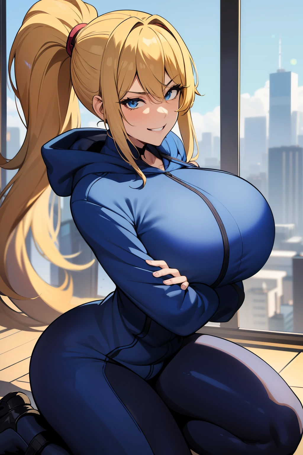 masterpiece, best quality, samus aran, ponytail, hair tie, blue hoodie, black sweatpants, full body shot, large breasts, large round full breasts, looking at viewer, excited grin, city background, sensual pose, 