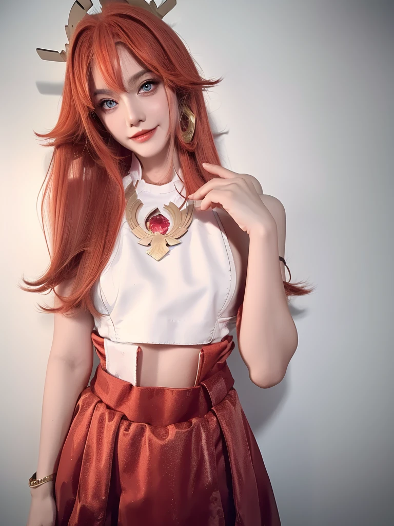 Generate an image of a beautiful girl wearing black skirt and red top, beautiful eyes, long hair till waist, red high hills, smiley face, necklace of dimond, bracelet of gold, skirt is smal, and waist is visible, red underwear is also clearly visible, black bra is visible through red top, girl in in home and no one is there, home background is white, image in 4k quality, sharpen, colour grading.