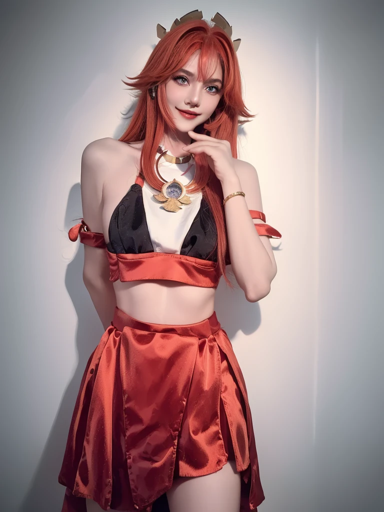 Generate an image of a beautiful girl wearing black skirt and red top, beautiful eyes, long hair till waist, red high hills, smiley face, necklace of dimond, bracelet of gold, skirt is smal, and waist is visible, red underwear is also clearly visible, black bra is visible through red top, girl in in home and no one is there, home background is white, image in 4k quality, sharpen, colour grading.
