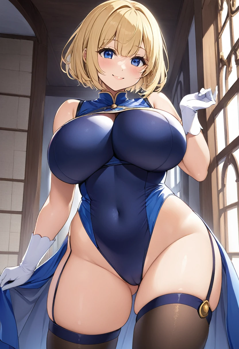 (One girl)、((short hair))、((Blonde))、(Sato Air)、((Big super breasts))、(Chubby)、beautiful girl、((Big thighs))、Blue Eyes、Navy blue leotard、No sleeve、Princess Knight、(Bangs between the eyes)、((thigh-high socks thighhighs))、(long gloves)、smile、((see-through))