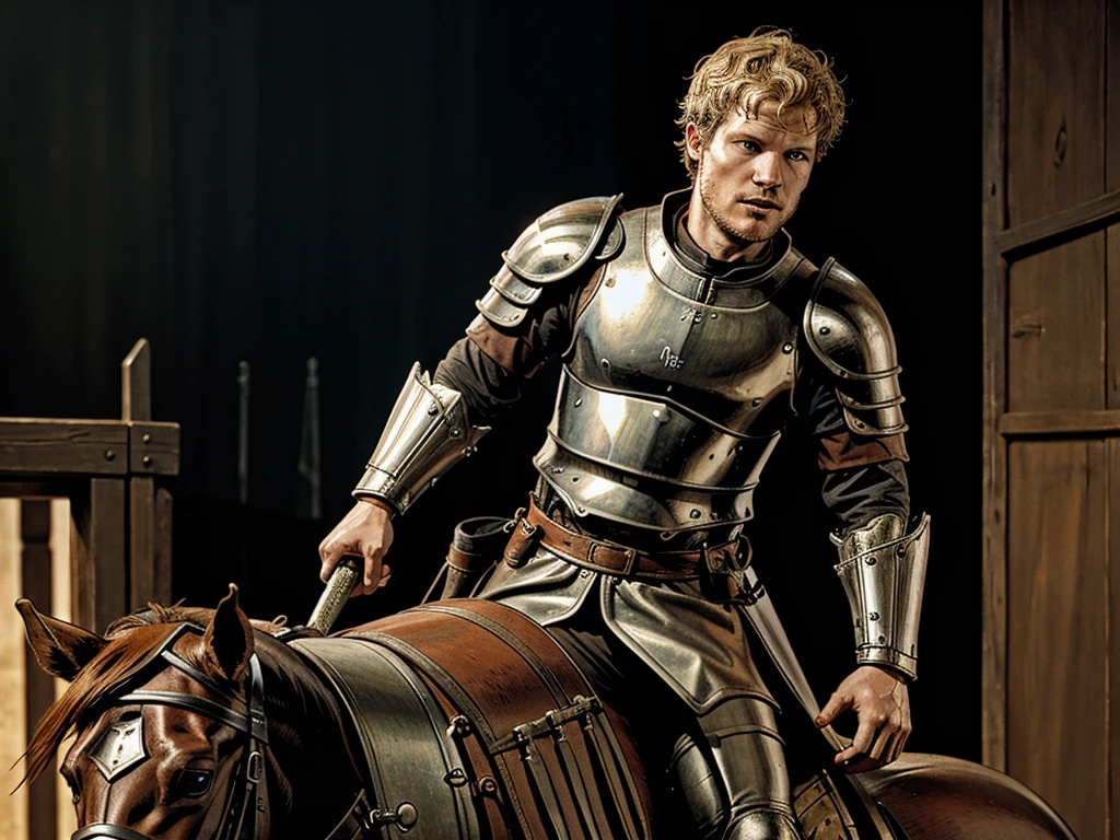 Christopher Egan as a handsome medieval knight in armor, without a helmet, on a horse, during a tournament