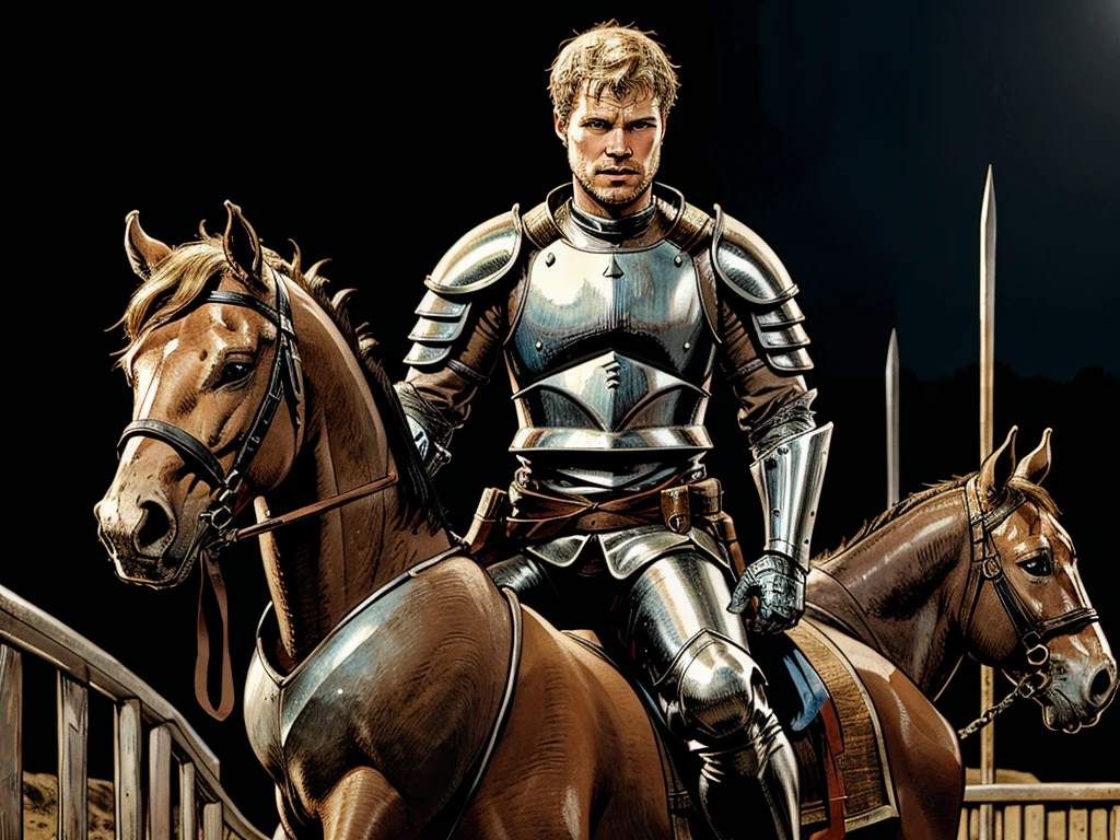Christopher Egan as a handsome medieval knight in armor, without a helmet, on a horse, during a tournament