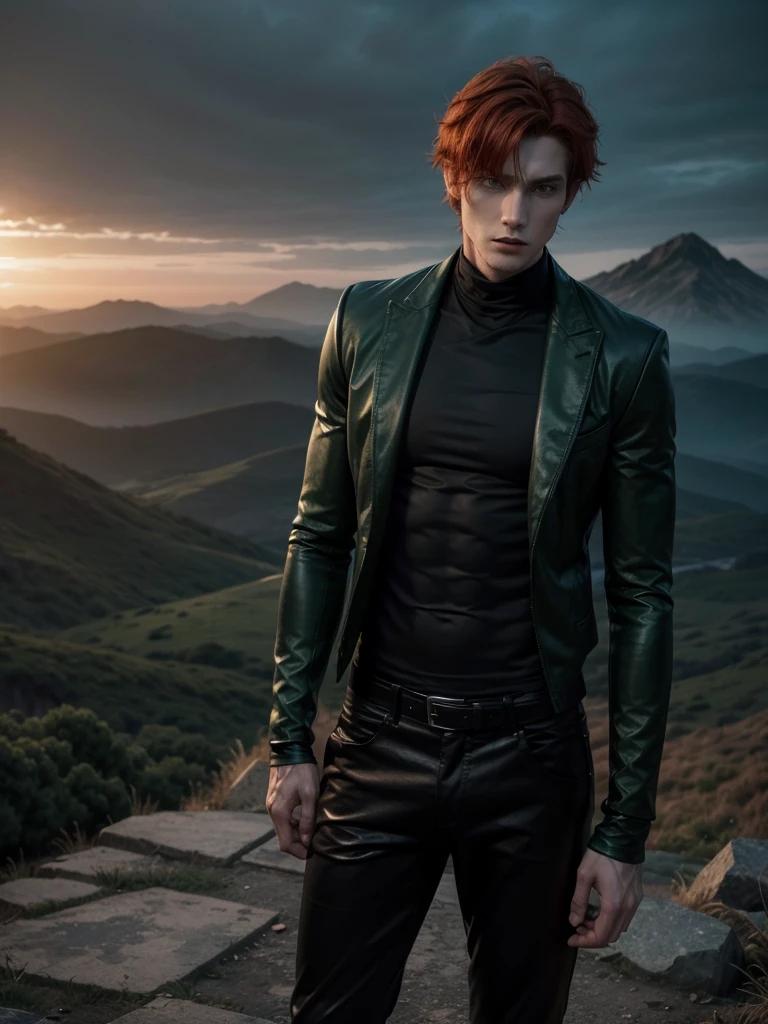 a very handsome attractive slender vampire hunter man, short reddish orange hair, green eyes, muscular torso, black jacket, green shirt, tight black pants, in the background a ruined city and on top of a mountain a dark castle