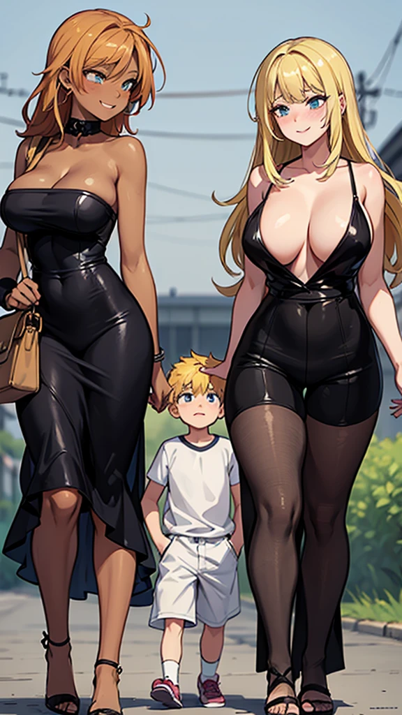 two sexy women walking and looking down at s old boy with blonde hair and shorts, women touch boy's head, women have flirtatious smiles, women have various hair colors