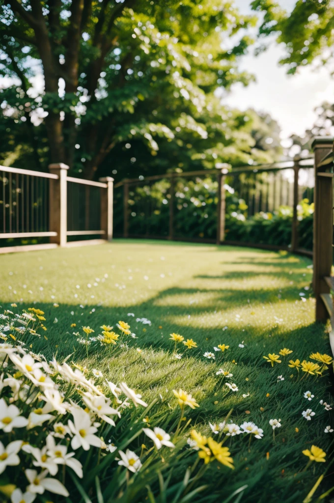 (grass floor) (trees) (flowers railing ) ( bokeh blur ) yellow