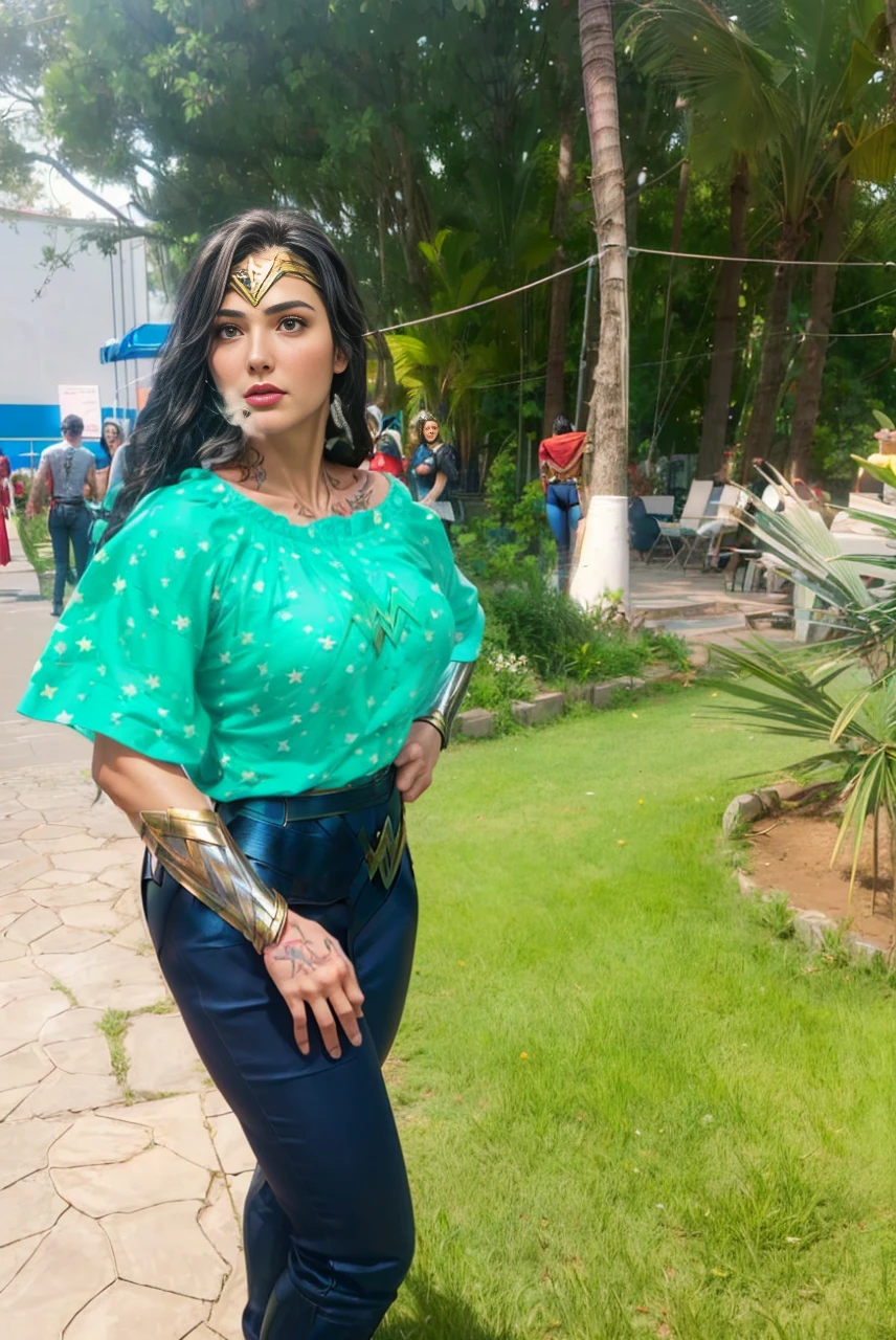 8K, Best Quality, Masterpiece, Ultra High Resolution,(Ultra-detailed face, Eyes wide open:1.3), (Wonder woman: 1.5), (upper body image:1.3), (looking back to viewer: 1.5),(tattoo on back: 1.5), (highly detailed CG unity 8k wallpaper), (best illustration), (best shadows), isometric 3D , octane rendering, ray tracing, highly detailed, Wonder woman with spacemap tattoo on back, space city background view
