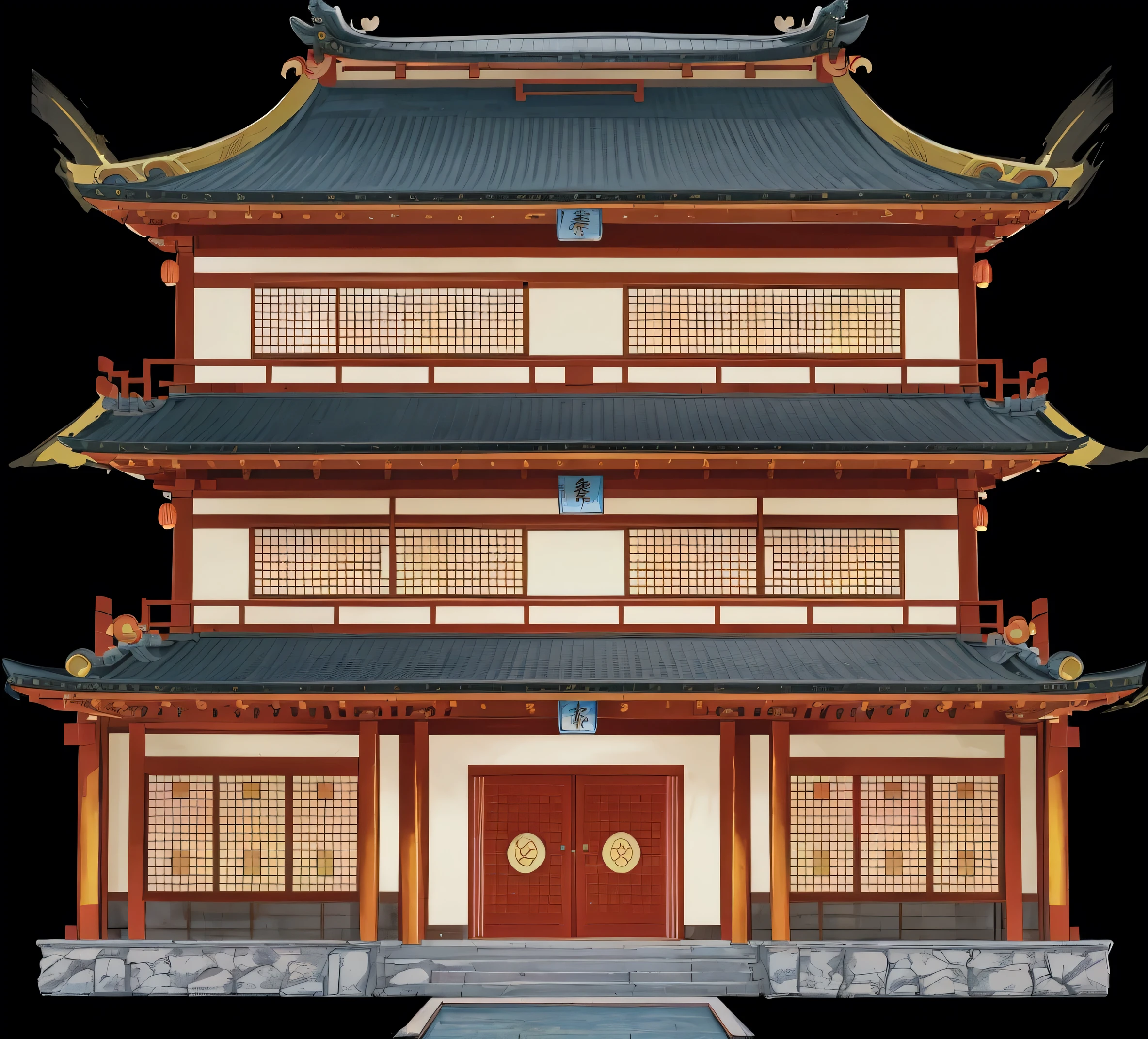 a cartoon illustration of a chinese building with a door and windows, an extremely detailed building, zen temple background, japanese temple, european japanese buildings, japanese house, ancient japanese architecture, digital painting of a pagoda, chinese building, temple background, japanese architecture, japanese temples, background depicting a temple, a temple, inspired by Tōshi Yoshida, temple