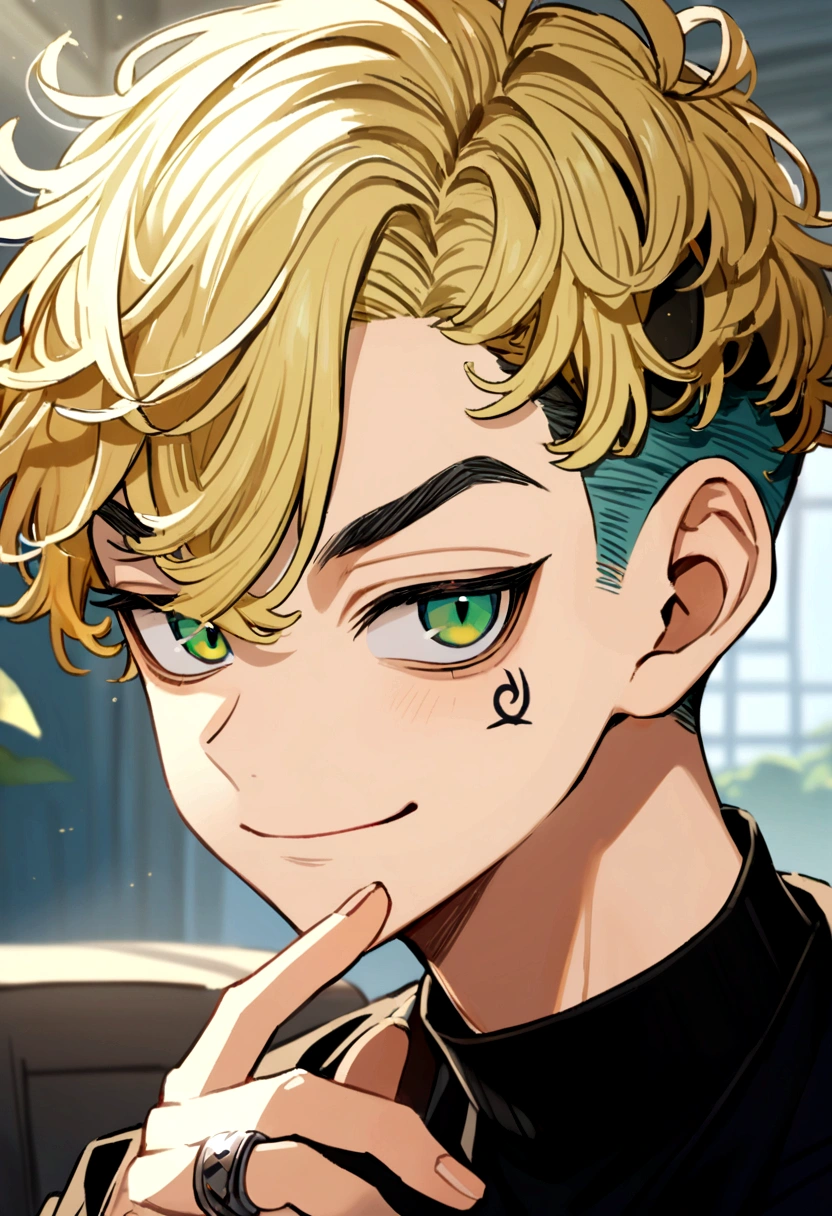 1 chico pet matsuno, tokyo revengers, blonde hair color on black bottom an undercut, turquoise eye color (blue green) a ring in the left ear (calm look) slight smile (perfect)