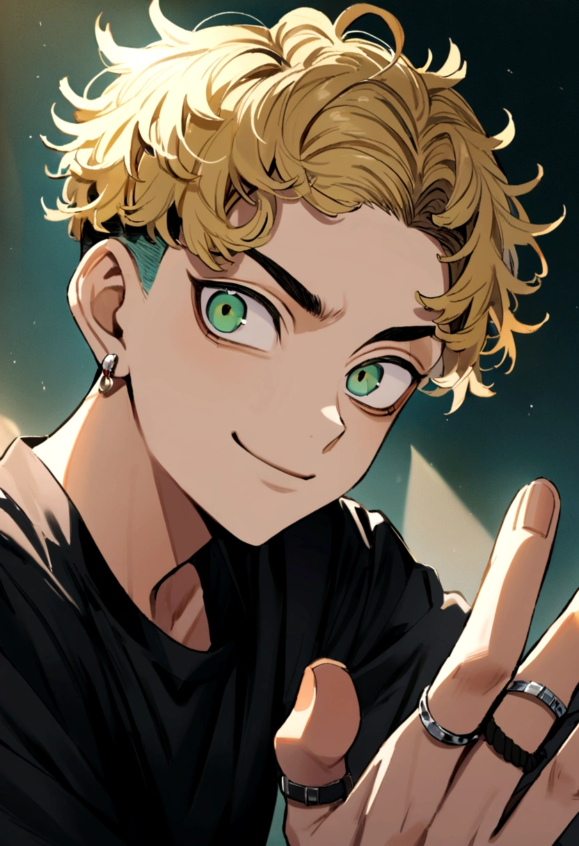 1 chico pet matsuno, tokyo revengers, blonde hair color on black bottom an undercut, turquoise eye color (blue green) a ring in the left ear (calm look) slight smile (perfect)