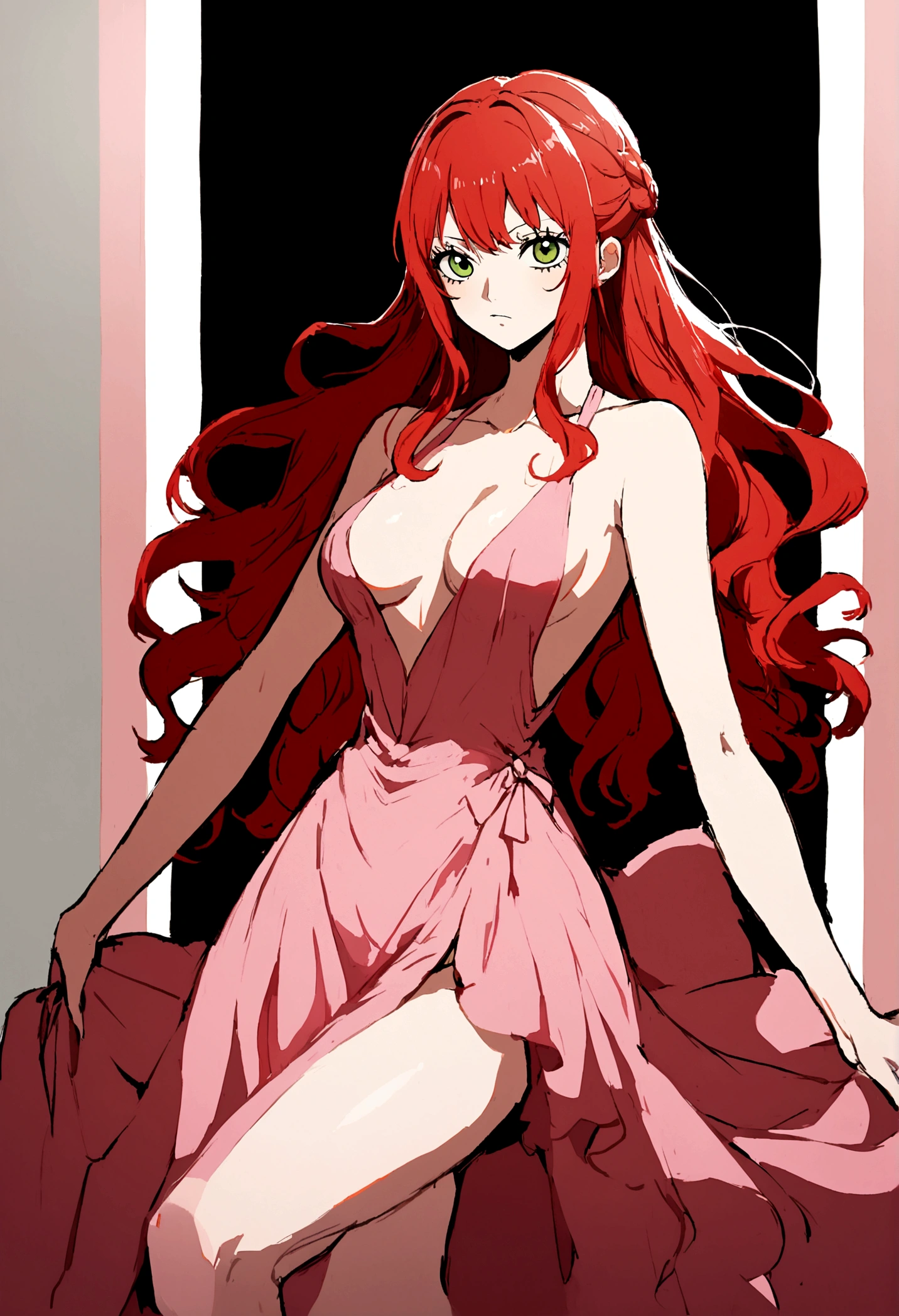 1 girl, lighting perfeita, long red hair, greeneyes, lighting, face detailed, shining skin, simple background, best qualityer, anime styling, Estilo One Piece, pretty, fully body, sensual dress