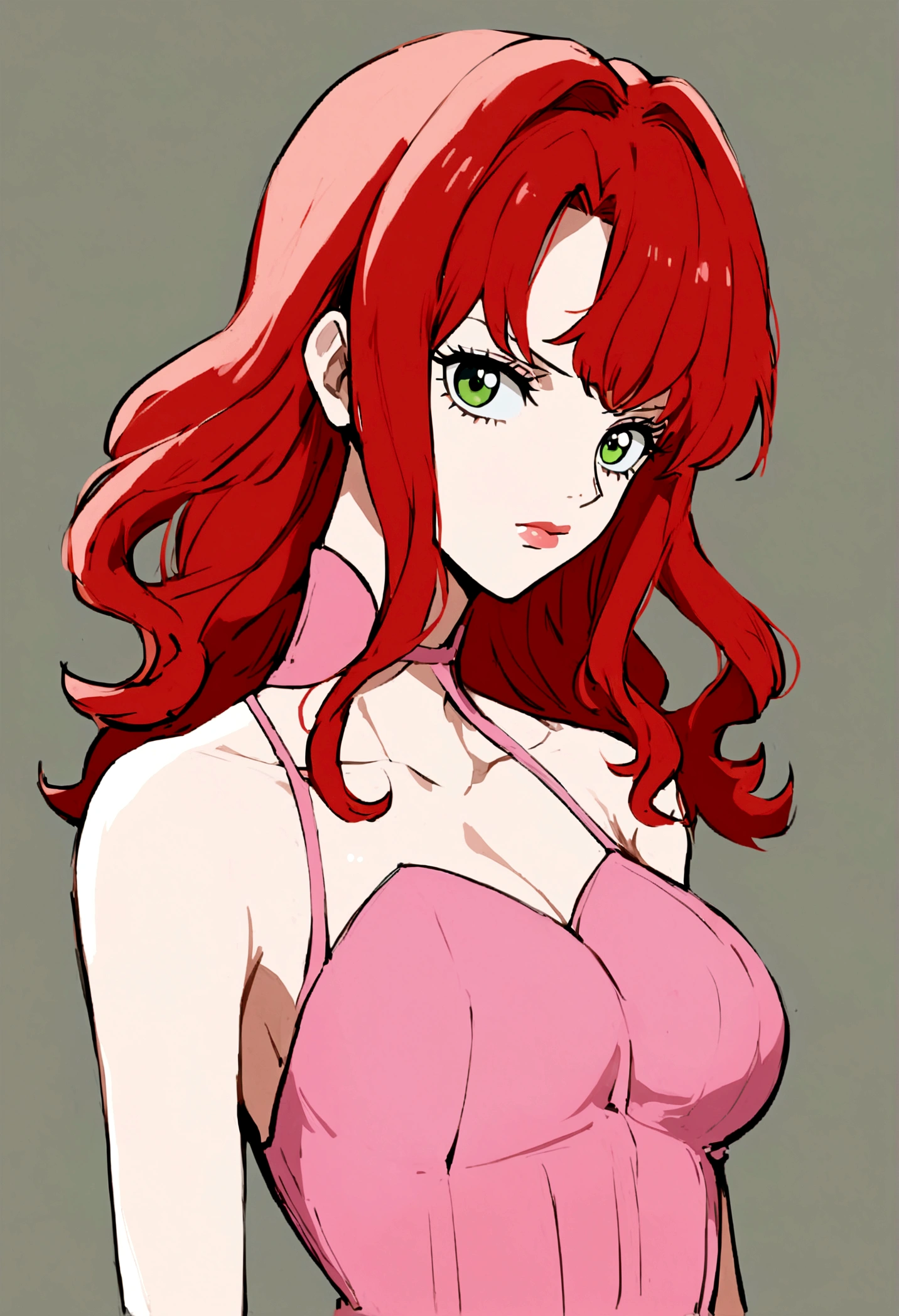 1 girl, lighting perfeita, long red hair, greeneyes, lighting, face detailed, shining skin, simple background, best qualityer, anime styling, Estilo One Piece, pretty, fully body, sensual dress