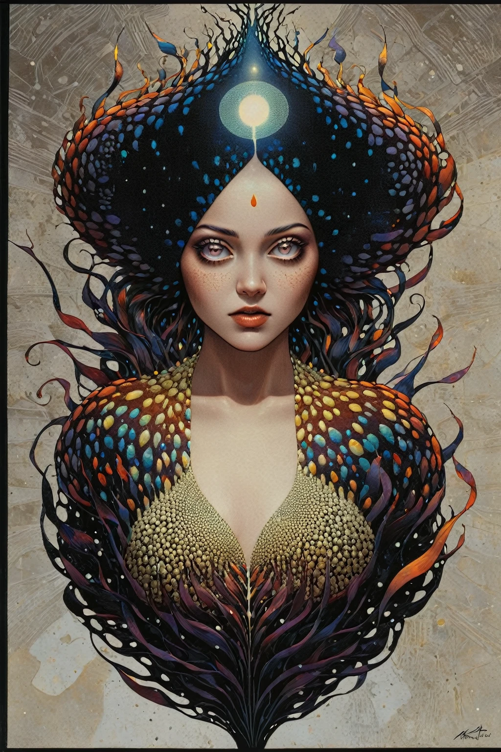 Pointillism style A RAW photograph of an otherworldly female alien creature by Katsuhiro Otomo and Makoto Shinkai and irving penn , bold lines, hyper detailed, dark limited palette, dramatic lighting, (intricate details, masterpiece, best quality:1.4),, art by Greg Rutkowski, Artgerm, WLOP, Alphonse, Beeple and Caravaggio, Lapidary of a Sisal-plated abysues magic LED lights float to cast light and shadow., Heidelberg School, F/5, multidimensional . Magical, evil, fantastical, futuristic, demonic, grunge style, highly detailed . Composed entirely of small, distinct dots of color, vibrant, highly detailed