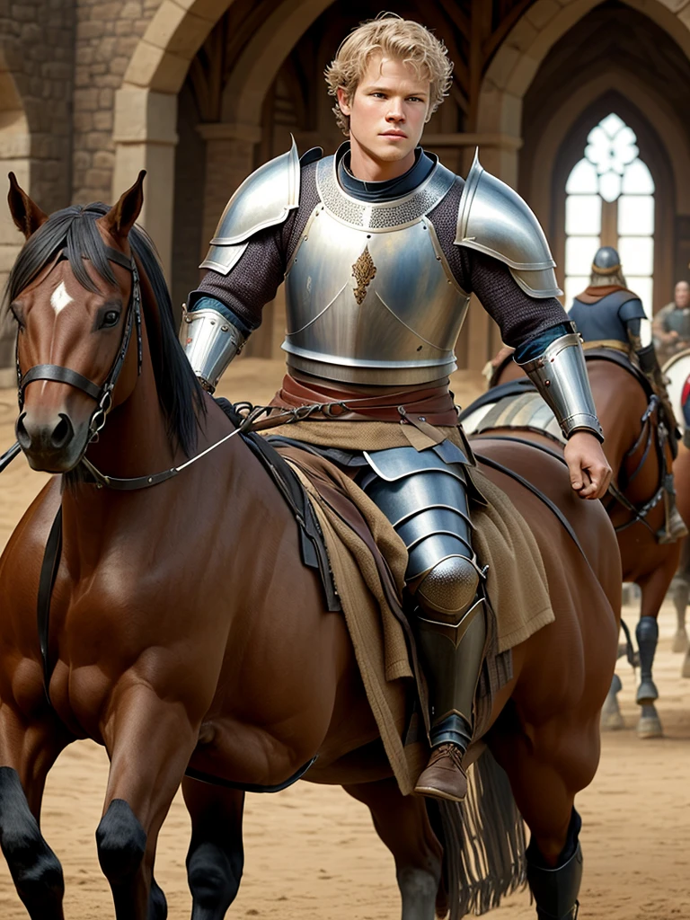 Christopher Egan as a handsome medieval knight in armor, without a helmet, on a horse, during a tournament