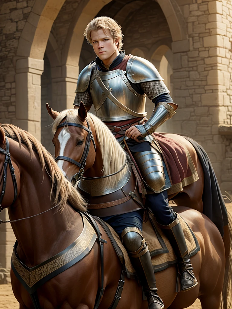 Christopher Egan as a handsome medieval knight in armor, without a helmet, on a horse, during a tournament