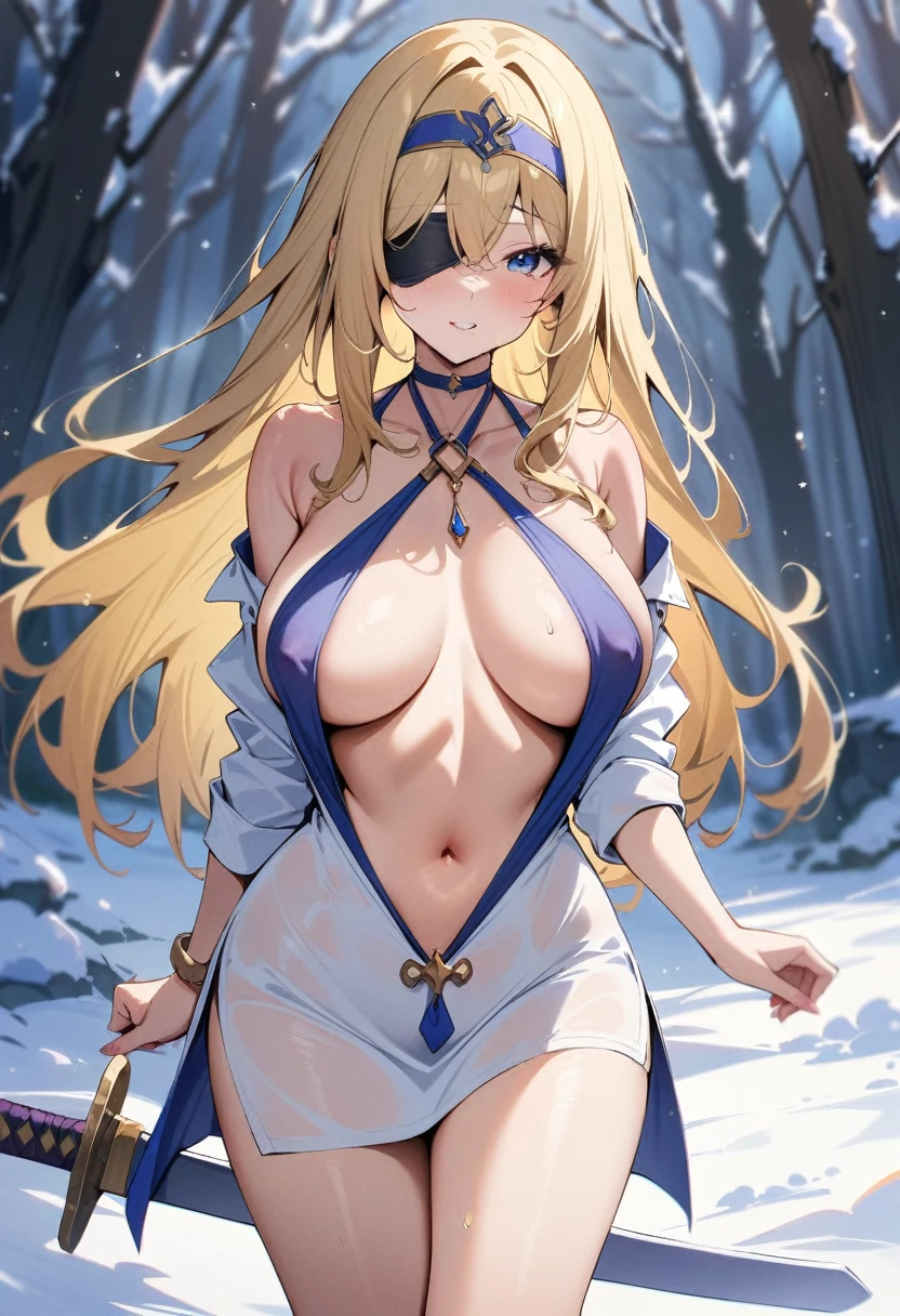 masterpiece, best quality, very aesthetic, absurdres, newest,1girl,naked_shirt, covered_nipples, ,Sword Maiden, long hair,blonde, black_blindfold,,,snow land