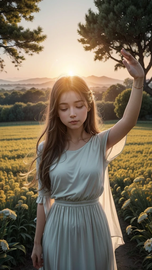 Create a visually stunning image that captures the essence of the phrase "Gratitude turns what we have into enough. Appreciate the little things and live with a grateful heart."scenario: A serene field at dawn, with a light fog and the sun rising over the horizon, projecting a soft golden light.elements: A person (or a figure) Standing on the field, Open arms, as if you are appreciating the beauty around you. Ao redor dela, small wildflowers and nature details, like butterflies, birds and trees.atmosphere: Convey a sense of peace, serenity and gratitude. The sunlight should create a halo effect around the figure, symbolizing enlightenment and appreciation.colors: Soft, warm tones, with a focus on natural colors like green, gold and soft blue to represent nature and the light of dawn.texto: Include the phrase "Gratitude turns what we have into enough. Appreciate the little things and live with a grateful heart." elegantly and subtly in the lower corner of the image, with a cursive or handwritten typography to add a personal, intimate touch.