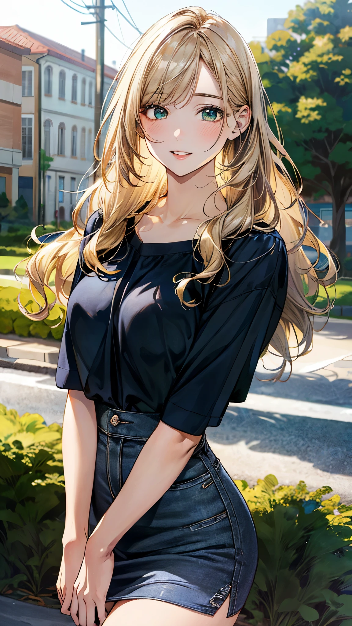 (masterpiece:1.3, top-quality, ultra high resolution, ultra detailed), (realistic, photorealistic:1.4), beautiful illustration, perfect lighting, natural lighting, depth of fields, 
beautiful detailed hair, beautiful detailed face, beautiful detailed eyes, beautiful clavicle, beautiful body, beautiful chest, beautiful thigh, beautiful legs, beautiful hands, 
looking at viewer, 1 girl, high school girl, (perfect anatomy, anatomically correct), cute and symmetrical face, face, perfect face, perfect eyes, shiny skin, 
(middle hair:1.8, wavy hair, (blond hair)), asymmetrical bangs, dark green eyes, long eye lasher, (large breasts, juicy thighs, attractive thighs), 
(blue gray hoodle, black denim skirt), 
(beautiful scenery), evening, (outdoors), standing, (lovely smile, upper eyes, parted lips), 