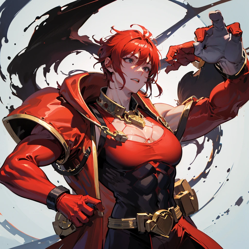 Man, reddish skin, muscular body, four arms, black eyes, non-human