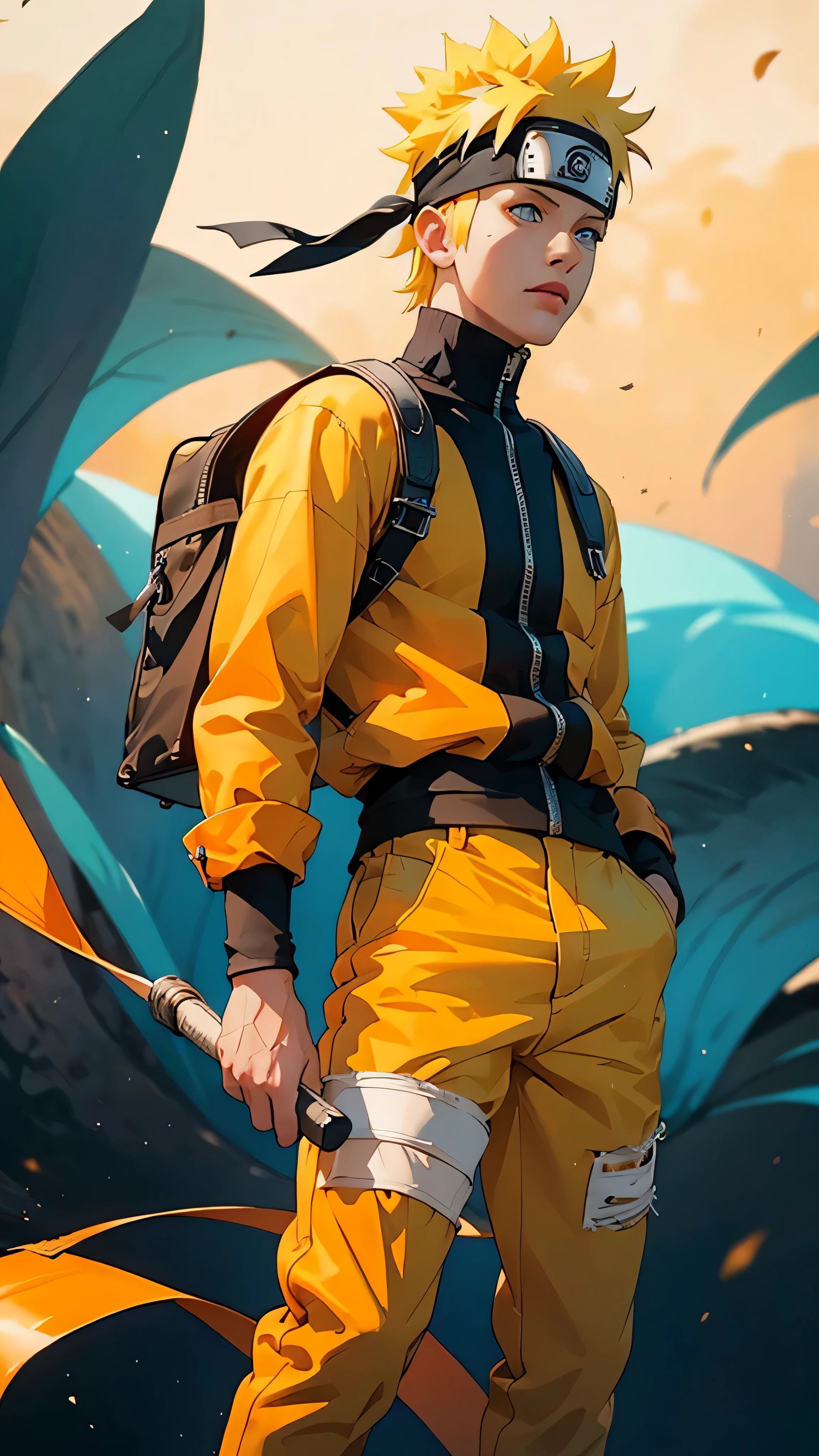 full body of naruto uzumaki,masterpiece, best quality, full detailed, 1boy, handsome,male,looking at viewer, naruto, Detailed blue eye,yellow hair,konoha realistic detail leaf headband,eye realistic,nose realistic,mouth realistic,skin realistic,face realistic,head realistic,body realistic, background art cinematic,backpack,big eye sharp, photorealistic, photoshoot, only three line in face, naruto uzumaki dress code.