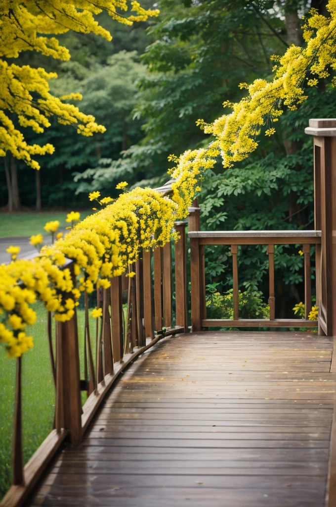 ( floor) (trees) (flowers railing ) ( bokeh blur ) yellow