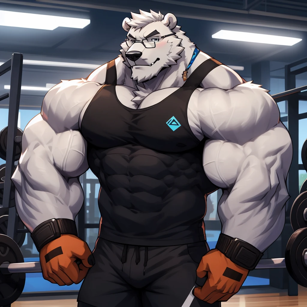 solo, 1boy, Huge Muscular White Polar Bear wearing glasses, huge white fur, pectoral, huge pectoral, wide pectoral, short white hair, blue colored short pants, blue colored wristbands and blue colored tank top, white bearded, white Mustache, white fur, gym background, masterpiece, high detailed, 8k, high resolution, at the gym, two swole arms double bicep posing