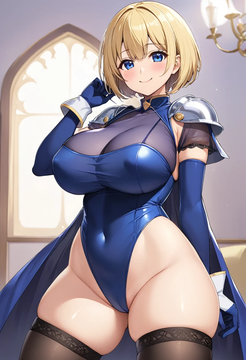 （One girl）、((short hair))、((Blonde))、（Sato Air）、((Big super breasts))、(Chubby)、beautiful girl、((Big thighs))、Blue Eyes、Navy blue leotard、No sleeve、Princess Knight、(Bangs between the eyes)、((thigh-high socks thighhighs))、(long gloves)、smile、((see-through))